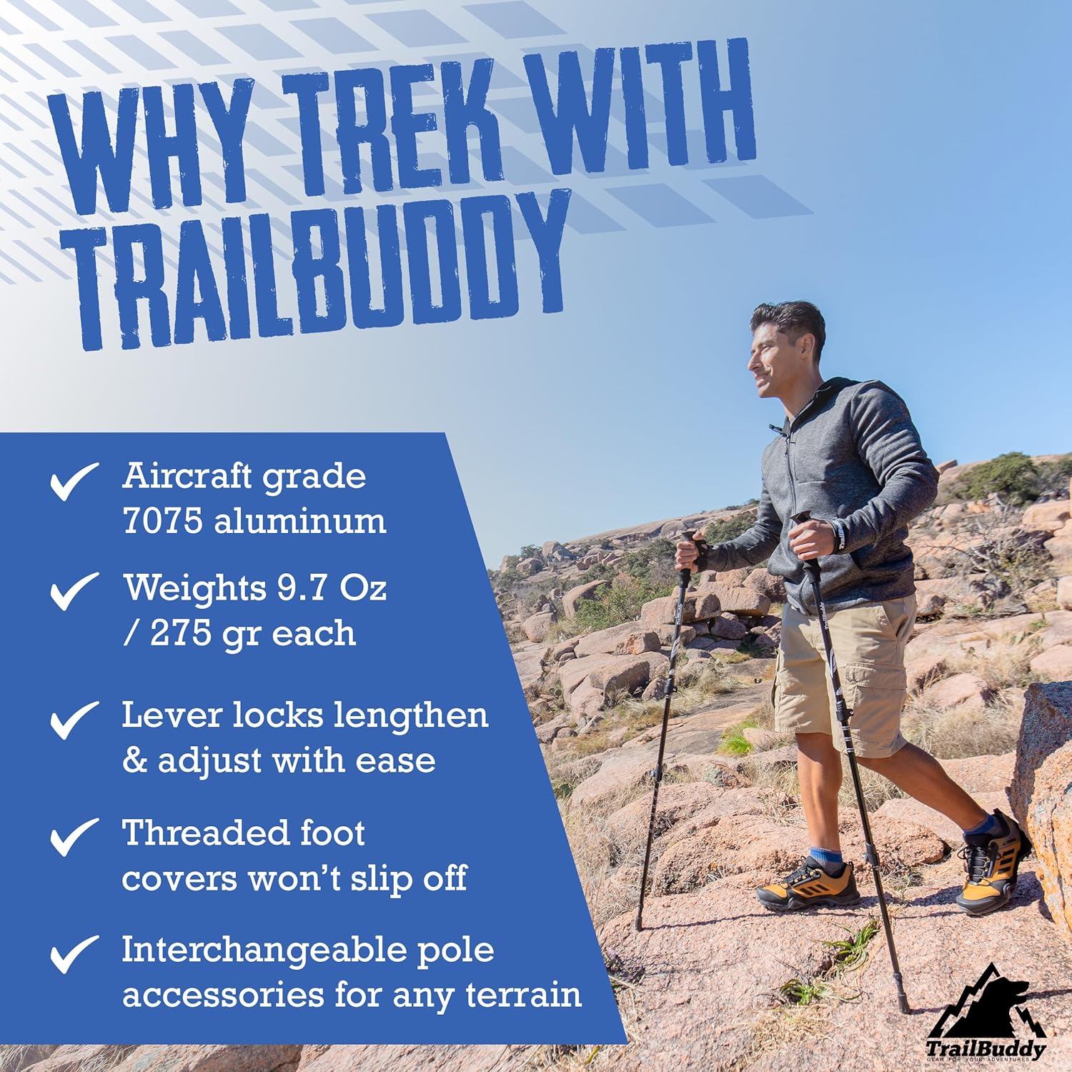 TrailBuddy Trekking Poles – Lightweight 7075 Aluminum Hiking Poles for Women, Men & Seniors – Collapsible Walking Sticks for Travel, Trails & Balance - Image 3