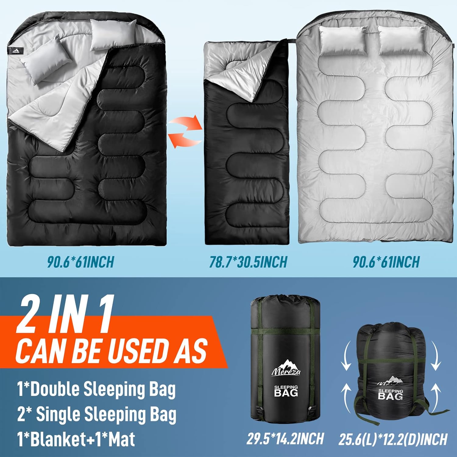 MEREZA Double Sleeping Bag for Adults Mens with Pillow, XL Queen Size Two Person Sleeping Bag for All Season Camping Hiking Backpacking 2 Person Sleeping Bags for Cold Weather & Warm - Image 5